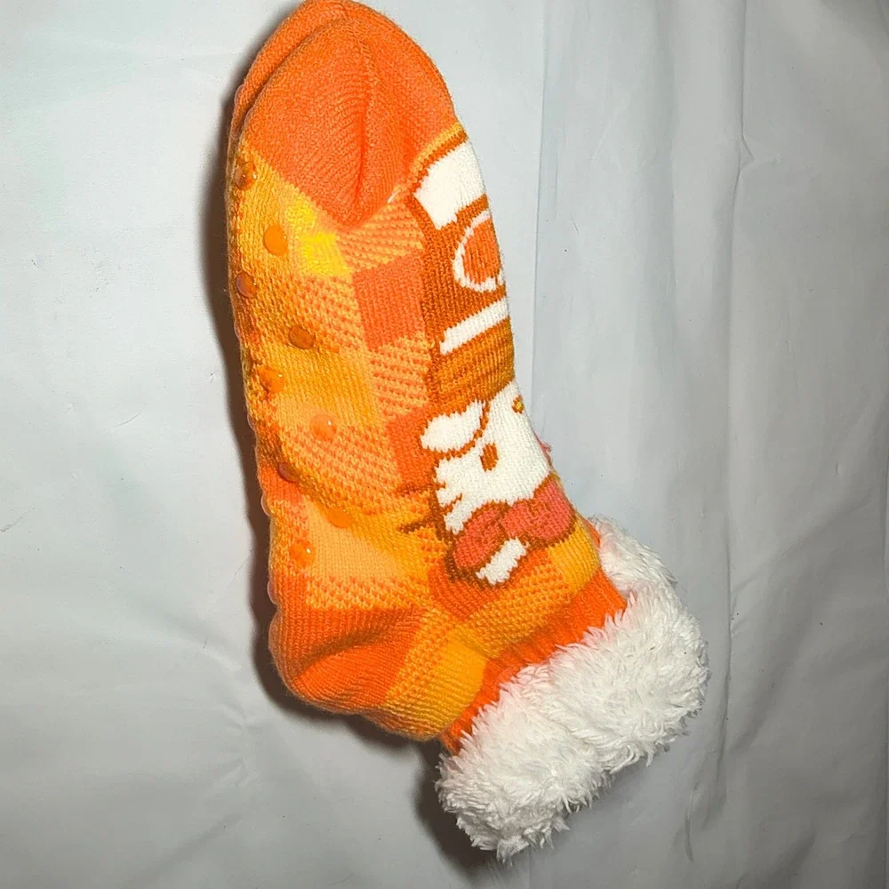 Sanrio Hello Kitty Orange Plaid Faux Fur Lined Slipper Socks Non-Slip Size 4-10